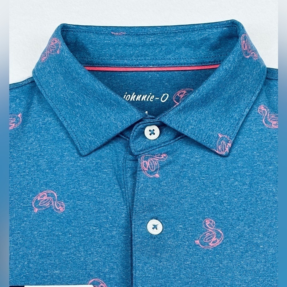 Johnnie-O Men’s Prep-formance Flamingo Floaty Lake Blue Golf Polo Shirt - Picture 5 of 10